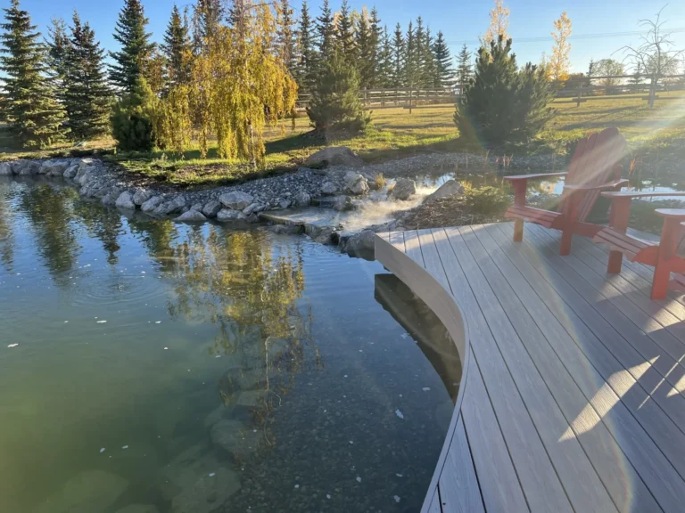 Natural Swimming Pool with misty waterfall and gray composite deck with red Adirondack chairs