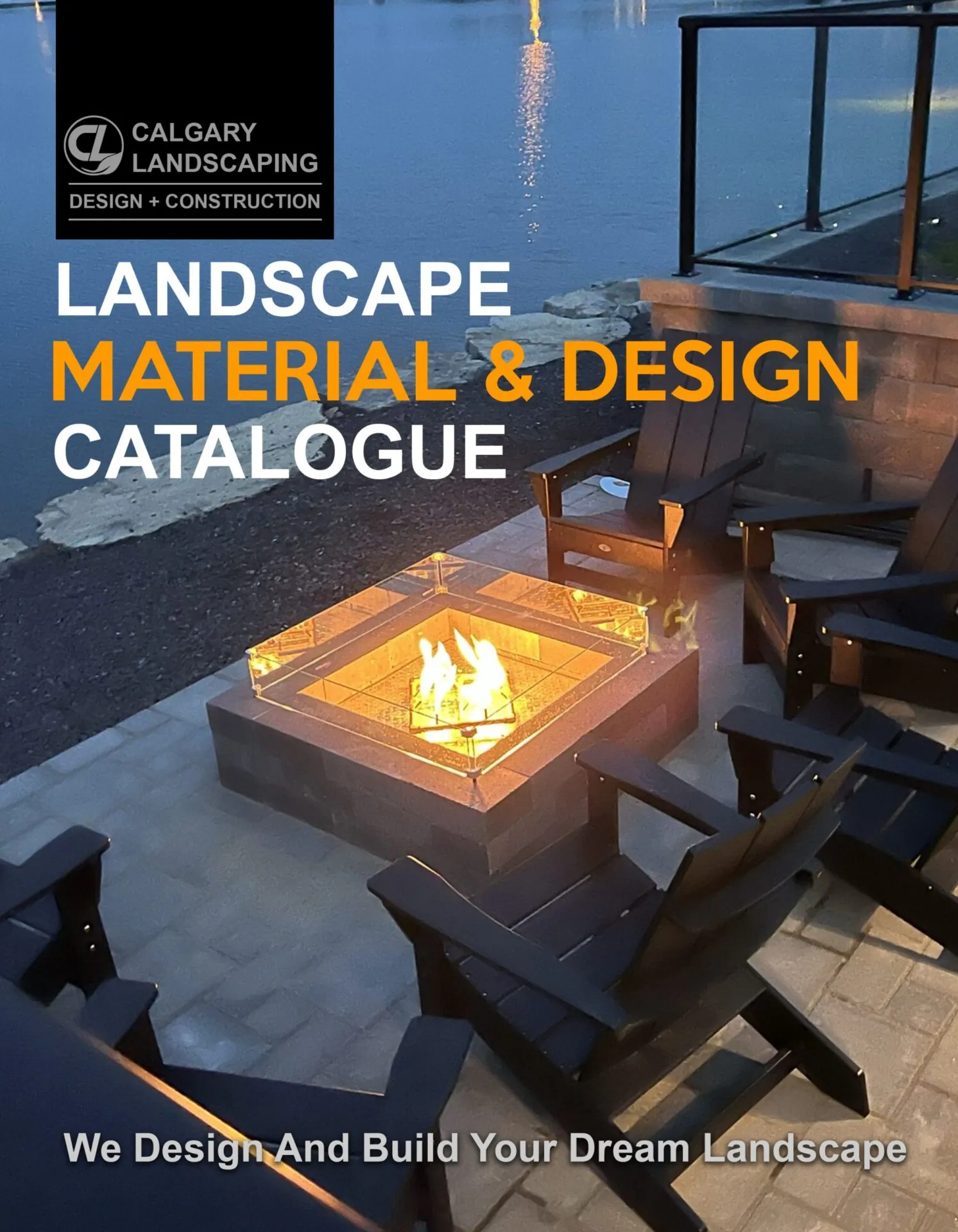 Calgary Landscaping Landscape Material and Design Catalogue cover, featuring a modern outdoor fire feature and stone patio