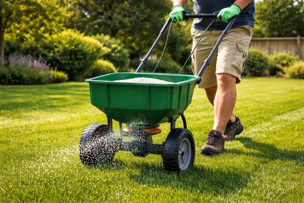A property owner pushing a green broadcast fertilizer spreader across a manicured Calgary lawn.