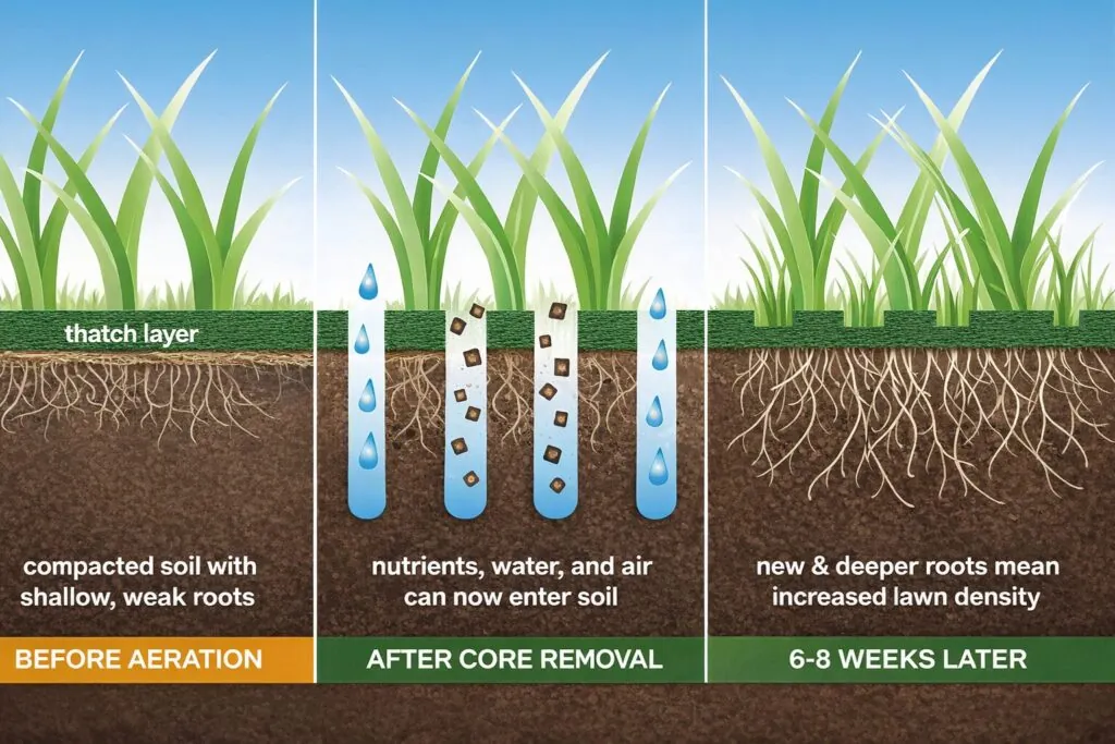 An informational graphic showing the soil profile benefits of core aeration before and after plug removal.