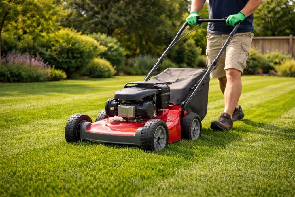 A clean red lawnmower cutting healthy green grass for a low-maintenance yard maintenance schedule.